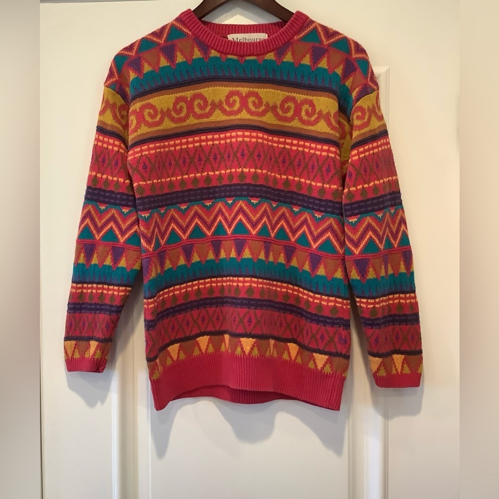 Vintage Melbourne Knit Sweater Size Large Pink Orange Striped Geometric Y2K 90s
